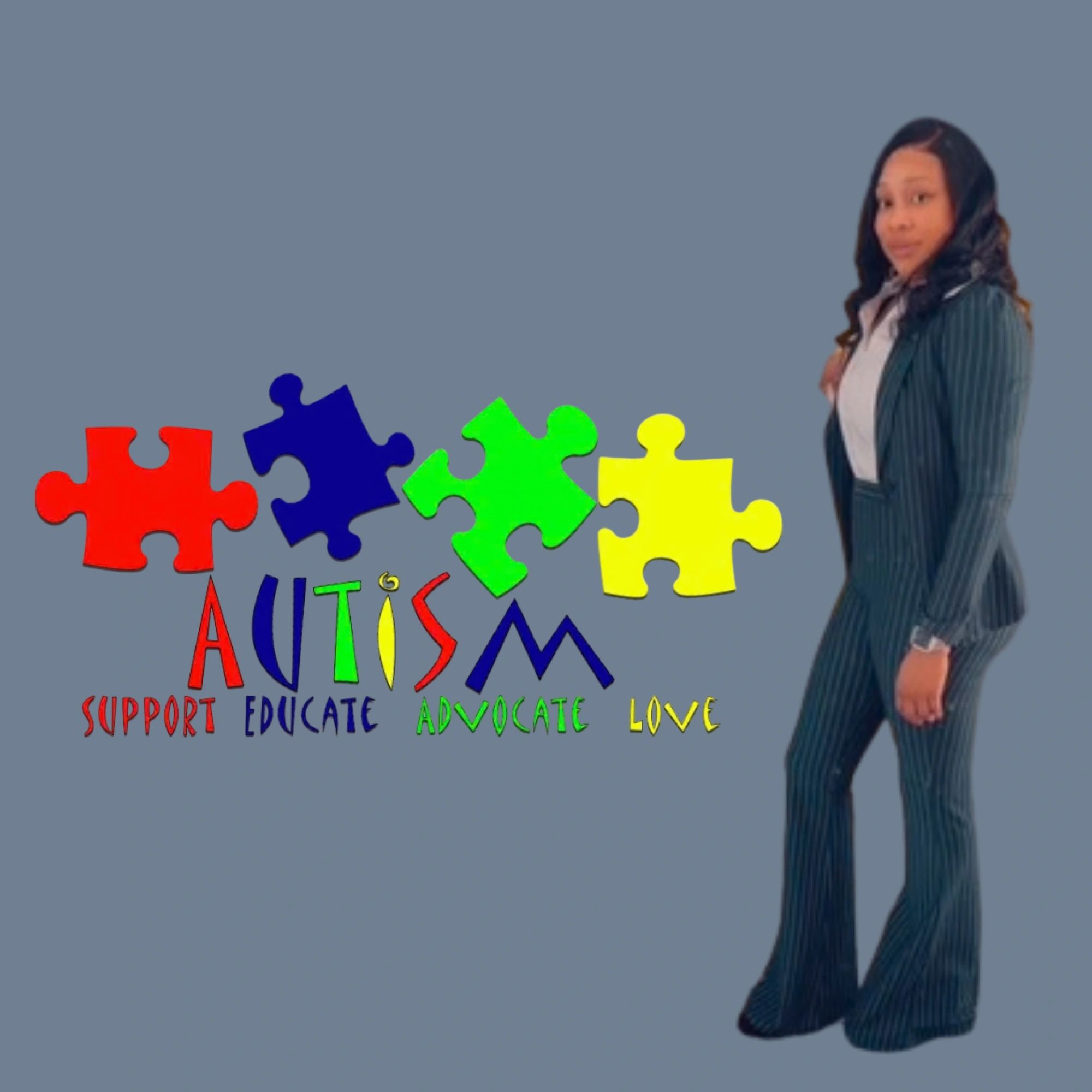 Founder standing with colorful autism puzzle piece design reading Support, Educate, Advocate, Love